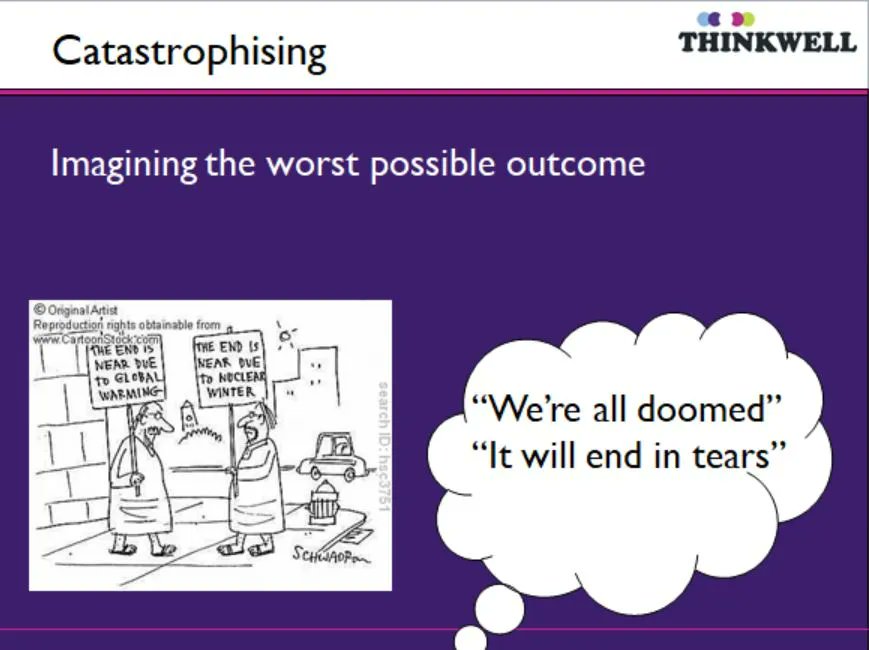 #CognitiveDistortions: Thinking errors that can make you feel anxious or depressed.
Catastrophising: jumping straight to the worst possible outcome.