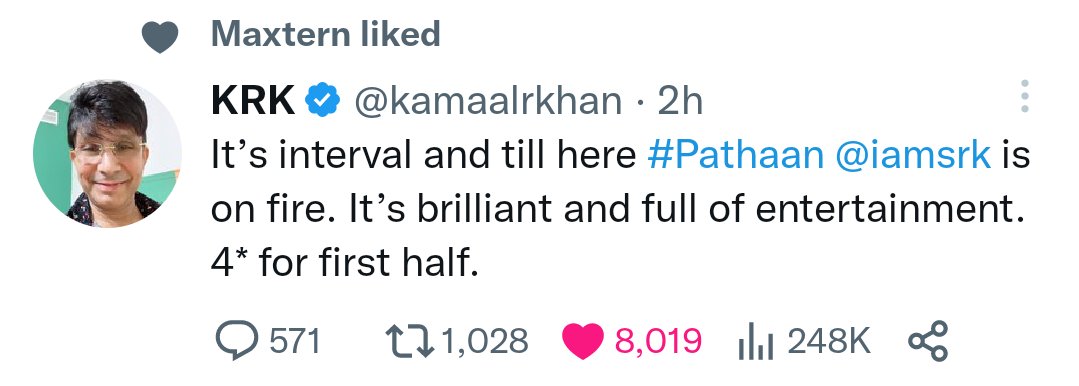 theokkzzz's tweet photo. Even KRK liked it😎 #pathaan #PathaanReview #pathaanfever #PathaanMovie https://t.co/mZ2wJ6Pv8r