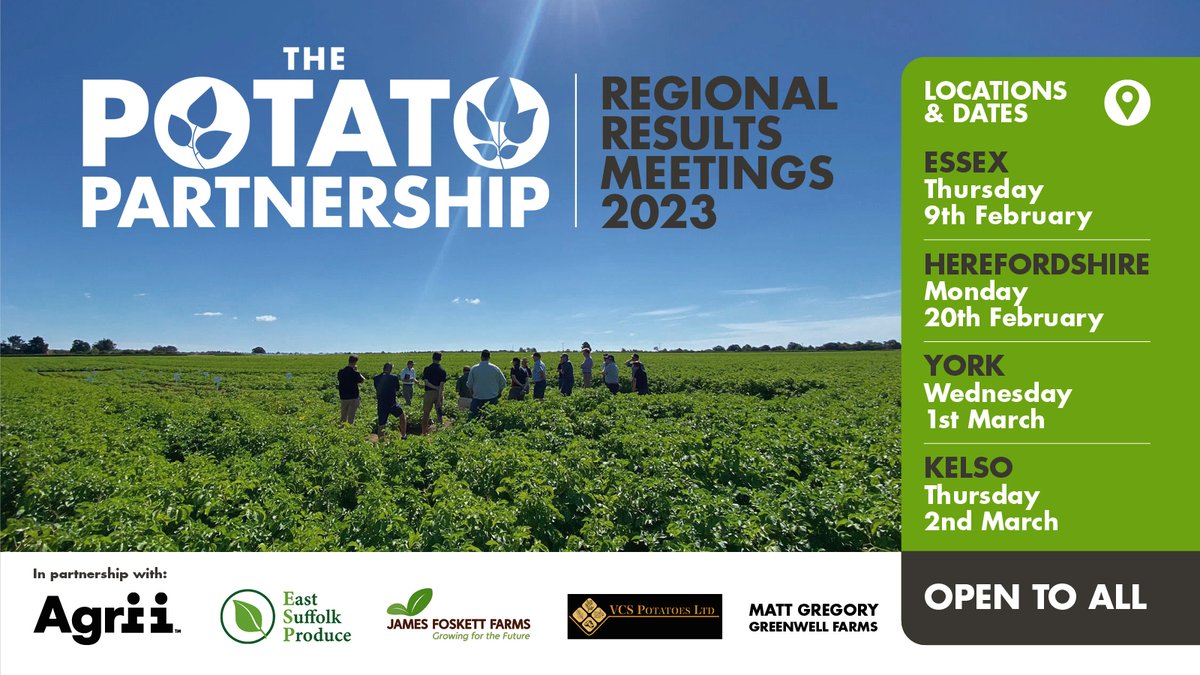 Do you work in the potato industry? 🥔

Then join us - The Potato Partnership (TPP) regional meetings. An opportunity to hear about the trials results from the partners of TPP

Event locations:
📍 Essex
📍 Herefordshire
📍 York
📍 Kelso

Book your place 👉 bit.ly/Events_TPP