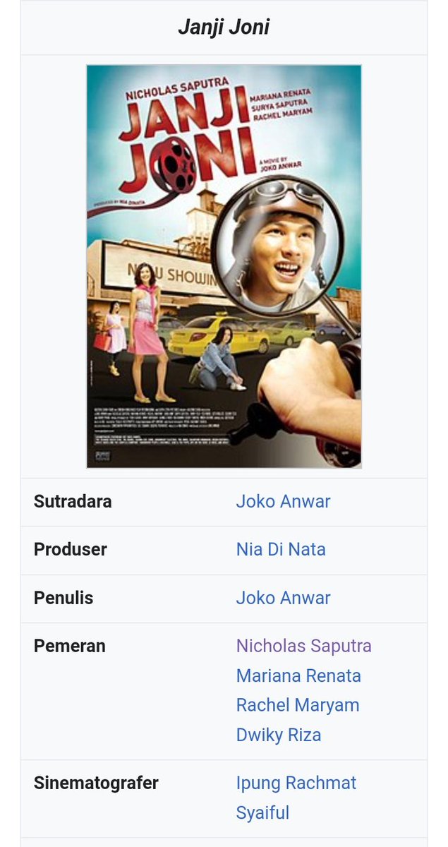 Annaschbb_'s tweet photo. @tanyarlfes Nder coba tonton Janji Joni deh
Ceritanya ttg distribusi film d bioskop
Si Joni janji sm seorg cewe buat kasi tau namanya klo Joni tepat waktu nganternya
Cameonya keren² ada Fedi Nuril, Wulan Guritno, Indra Herlambang, Aming, dan bnyak lainnya
Sutradaranya Joko Anwar https://t.co/ZTb5dyzBxR