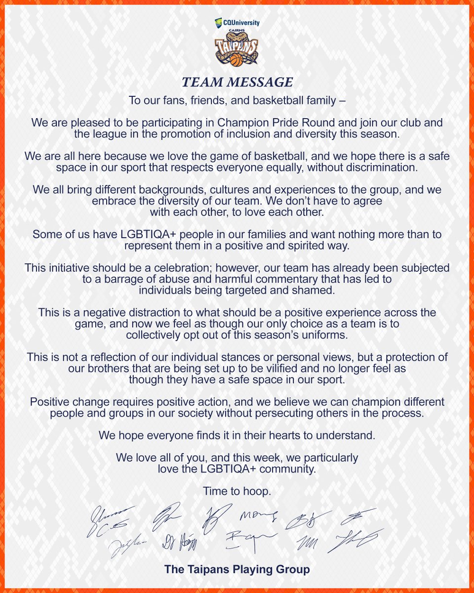 The CQUniversity Cairns Taipans share this message on behalf of the playing group.