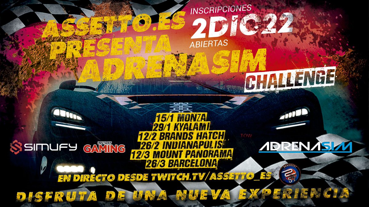Assetto_es's tweet photo. 🔥🔥🔥 RACE DAY 🔥🔥🔥
AdrenaSim Challenge - Carrera 3/6

🟢 Cat. GT3
🔴 Brands Hatch 🇬🇧
⏱️ Qualy 20h (SUPERPOLE)
🏁 Race 20:30

Patrocinan @AdrenaSim @simufy @InstantGamingES
📺 Sigue la carrera en https://t.co/lbqE42fiaz
📣 Comenta @dariocc57 

@AC_assettocorsa https://t.co/2TGQKURTFs