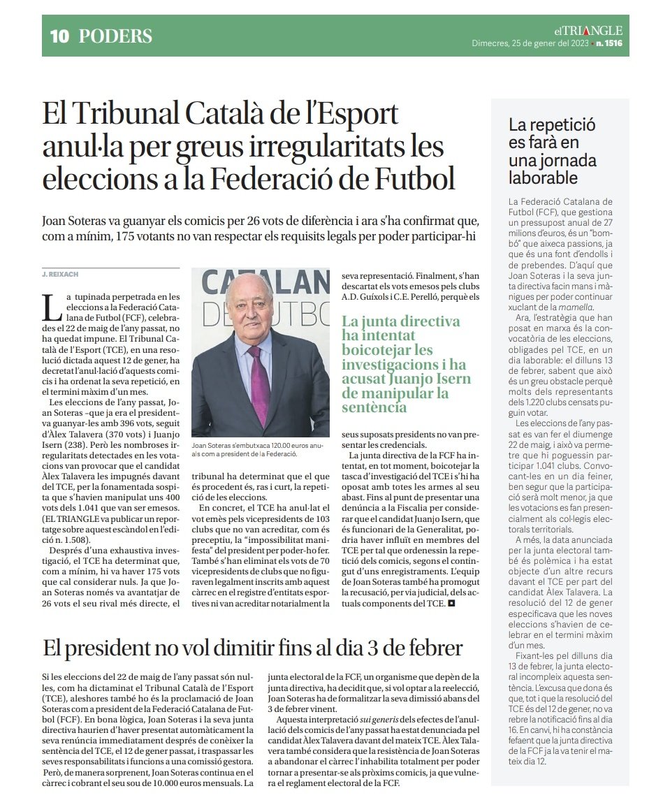🔴📰 MITJANS | <a href="/El_Triangle/">El Triangle</a>

🔊 El Tribunal Català de l’Esport 
anul·la per greus irregularitats les 
eleccions a la Federació de Futbol

➡️ S’ha confirmat que, com a mínim, 175 votants no van respectar els requisits legals per poder participar-hi

#futbolcat