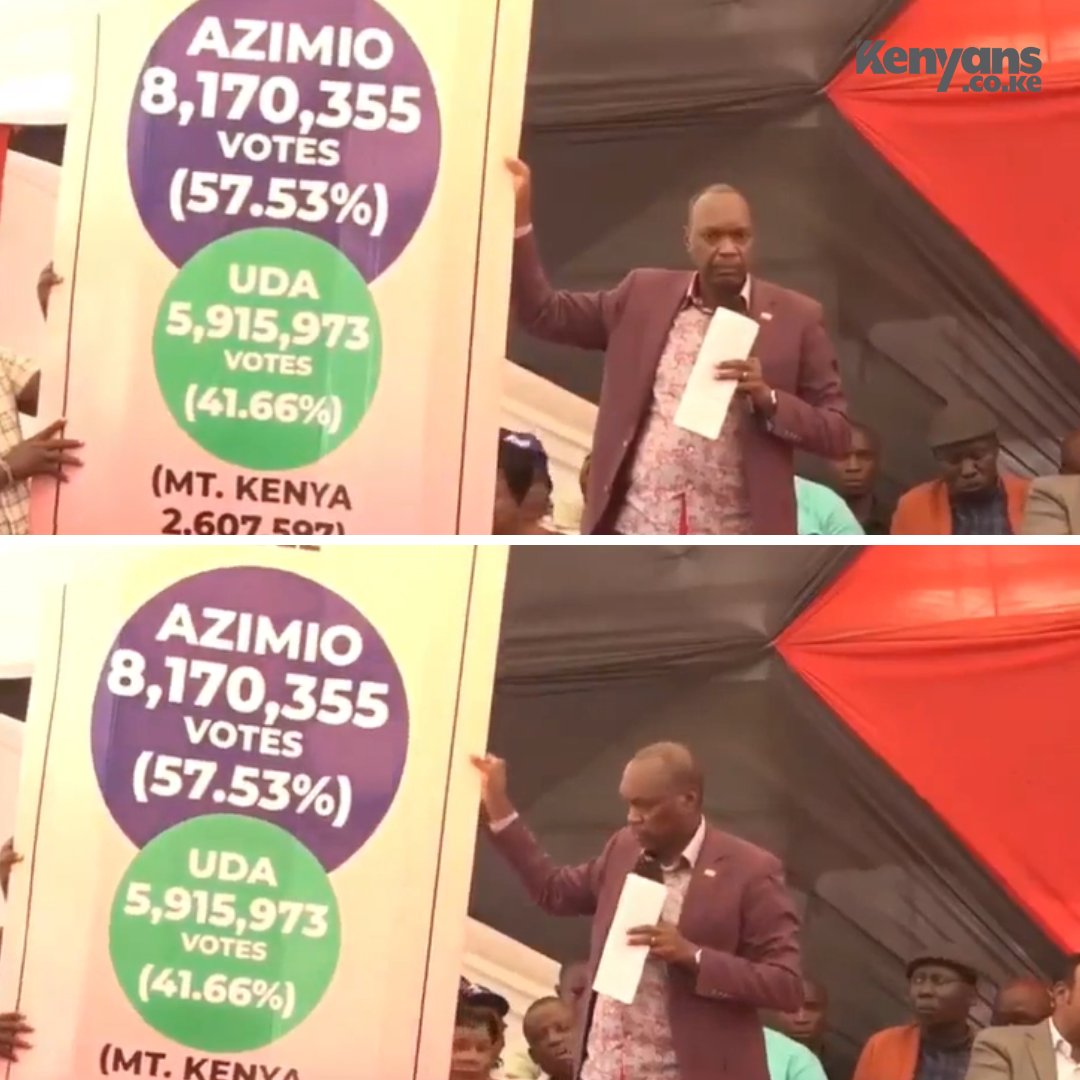 Kenyans's tweet image. Jeremiah Kioni presents a placard showing how Raila defeated Ruto in the 2022 Presidential Election