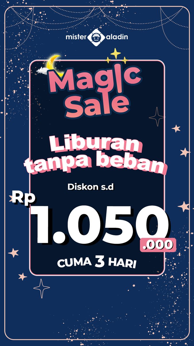 Diskon liburan terheboh datang lagi! Kamu bisa hemat s.d Rp1.050.000 untuk booking hotel, pesawat domestik, tur dan aktivitas! Cuma 3 hari lho, jangan sampai kelewatan ya! Cek di misteraladin.com/promotions/mag…