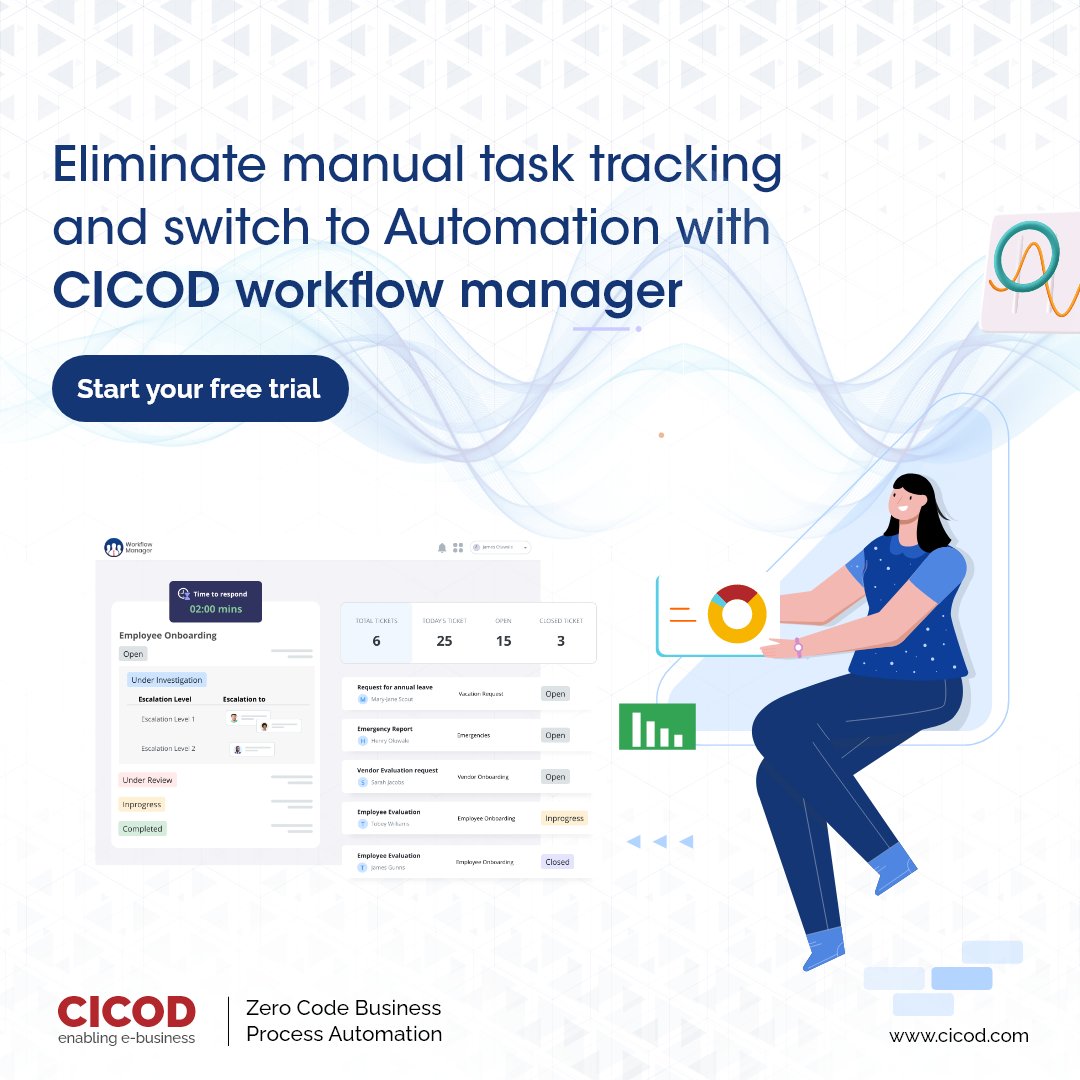 getcicod's tweet image. Say goodbye to manual task tracking and hello to automation with CICOD Workflow Manager. Your team will love you for it!
Start your 30 day free trial now
zcu.io/vs5W
#automation #workflowtool #generalmanager #operationsmanager #businessmanager #workflowmanager