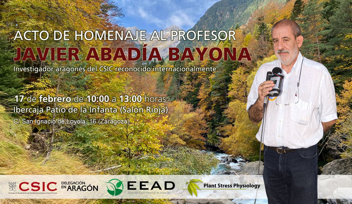 Plant Stress Physiology Group (@stressplant) on Twitter photo Gracias de 💗 por los sentidos mensajes de condolencias recibidos por el fallecimiento de Javier Abadía. Con la ayuda de <a href="/AragonCsic/">CSIC Aragón</a> y <a href="/EEAD_CSIC/">EEAD - CSIC</a> hemos organizado un homenaje que tendrá lugar el 17 de feb.
Registro: forms.gle/9v2tVbqkmkFSvm…
+info: eead.csic.es/spreading/show… Gracias de 💗 por los sentidos mensajes de condolencias recibidos por el fallecimiento de Javier Abadía. Con la ayuda de <a href="/AragonCsic/">CSIC Aragón</a> y <a href="/EEAD_CSIC/">EEAD - CSIC</a> hemos organizado un homenaje que tendrá lugar el 17 de feb.
Registro: forms.gle/9v2tVbqkmkFSvm…
+info: eead.csic.es/spreading/show…