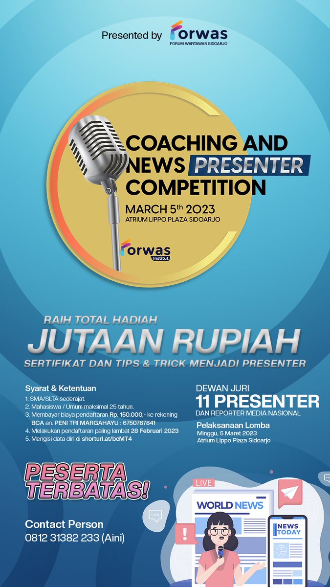 WartawanSda's tweet photo. Yuk gaes ramaikan.. dapat hadiah jutaan rupiah dan ilmu menjadi news presenter...
#lomba #presenter #news #reporter #fyp #sidoarjo #surabaya #gresik #forwas #wartawan https://t.co/tKijKVeqOy