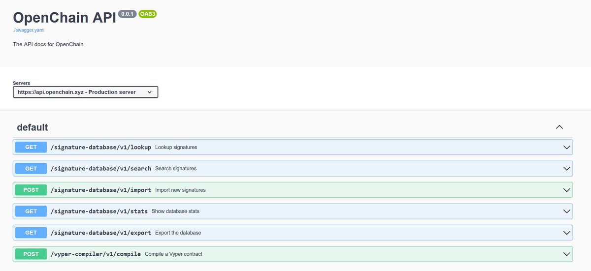 Major update to the signature database!

First of all, it has a new home here: openchain.xyz/signatures

It's also entirely open source! The code is on GitHub (github.com/openchainxyz/o…
), while the database can be exported (docs.openchain.xyz).