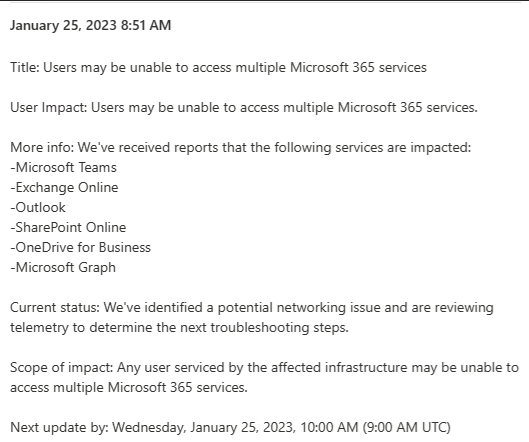 Network problems that are now affecting #azure and #microsoft365 including #teams #powerbi and other services network related issues.