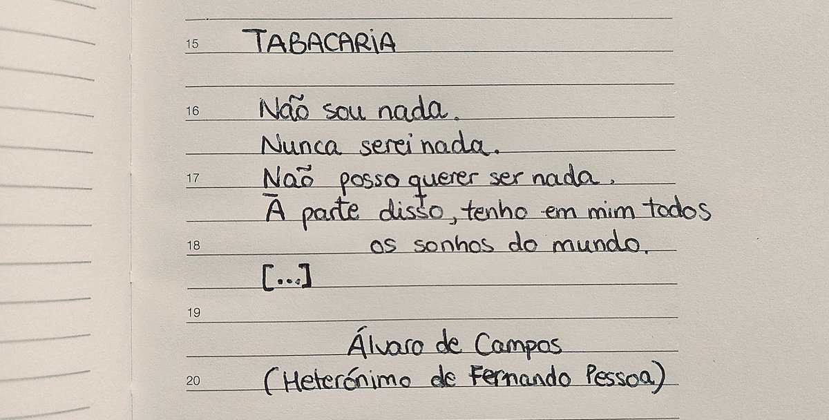 Comparto hoy este poema de Pessoa 🧐 que no tienen desperdicio alguno: mural.uv.es/jocaji/pessoa.… 

#FernandoPessoa #Tabacaria