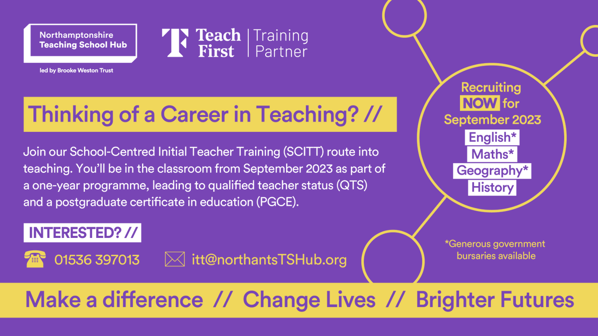 BWTrust's tweet photo. If you would like to know more, speak to our friendly ITT Advisor, Charlie: 01536 397013 or email itt@northantsTSHub.org

#getintoteaching #teachfirst #ntsh #teachertraining #qts #pgce https://t.co/5g4gqgCObt