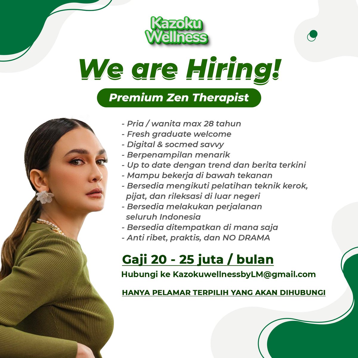 Dis! Info loker dari Luna Maya nih, kayanya dia baru buka perusahaan spa gitu, lagi hiring tukang pijit. Tapi liat woi gajinya, kapan lagi jadi tukang pijit gajinya 2 digit😭