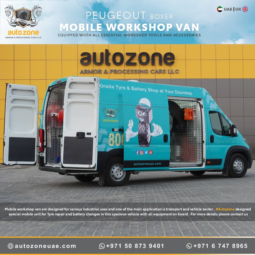 AutozoneuaeA's tweet photo. Mobile workshop van are designed for various industrial uses and one of the main application is transport and vehicle sector , Autozone designed special mobile unit for Tyre repair and battery changes in this spacious vehicle with all equipment on board . https://t.co/9ARq3ZrH0i