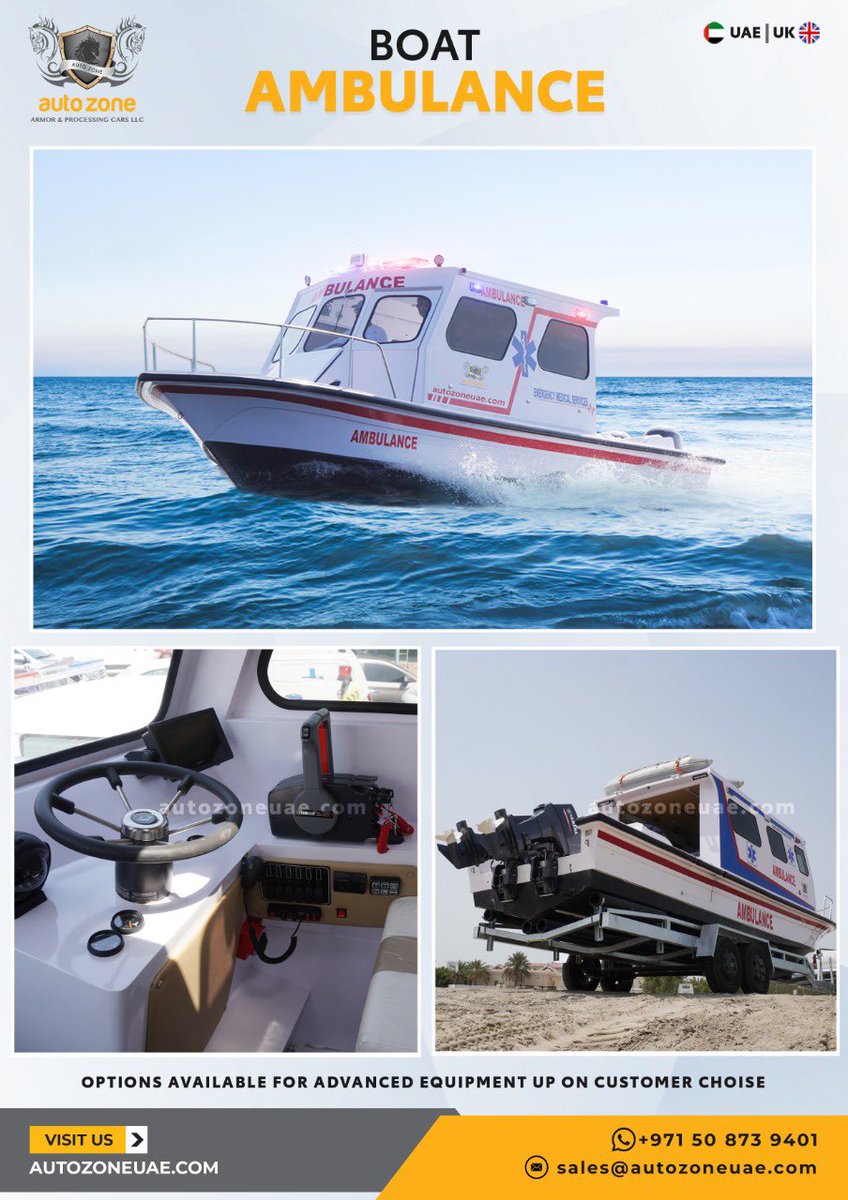 AutozoneuaeA's tweet photo. Autozone ambulances are globally accepted as the brand which deliver quality healthcare solutions in water and road . If you are looking for any such units don’t hesitate to contact us

#policeambulance #militaryambulance #BulletproofAmbulance 
#boatambulance #waterambulance https://t.co/lwF0267RnX
