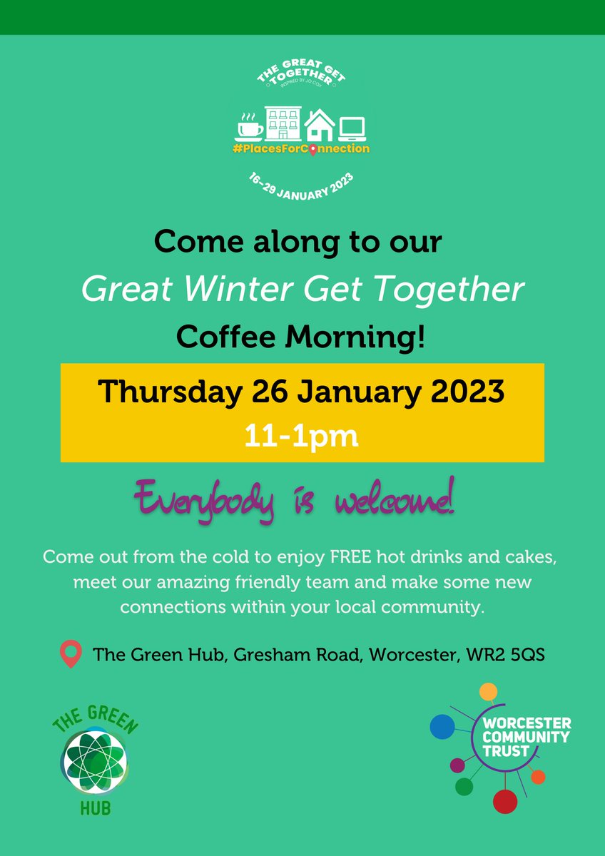 WCTrust's tweet photo. Don't forget it's our Great Winter Get Together Coffee Morning tomorrow! 🍰☕️

👉 11-1pm at our community hub in Dines Green. Everybody living and working in the local community is welcome. Come and enjoy a free cake and cuppa!

#PlacesforConnection https://t.co/ShHKKqpsSn