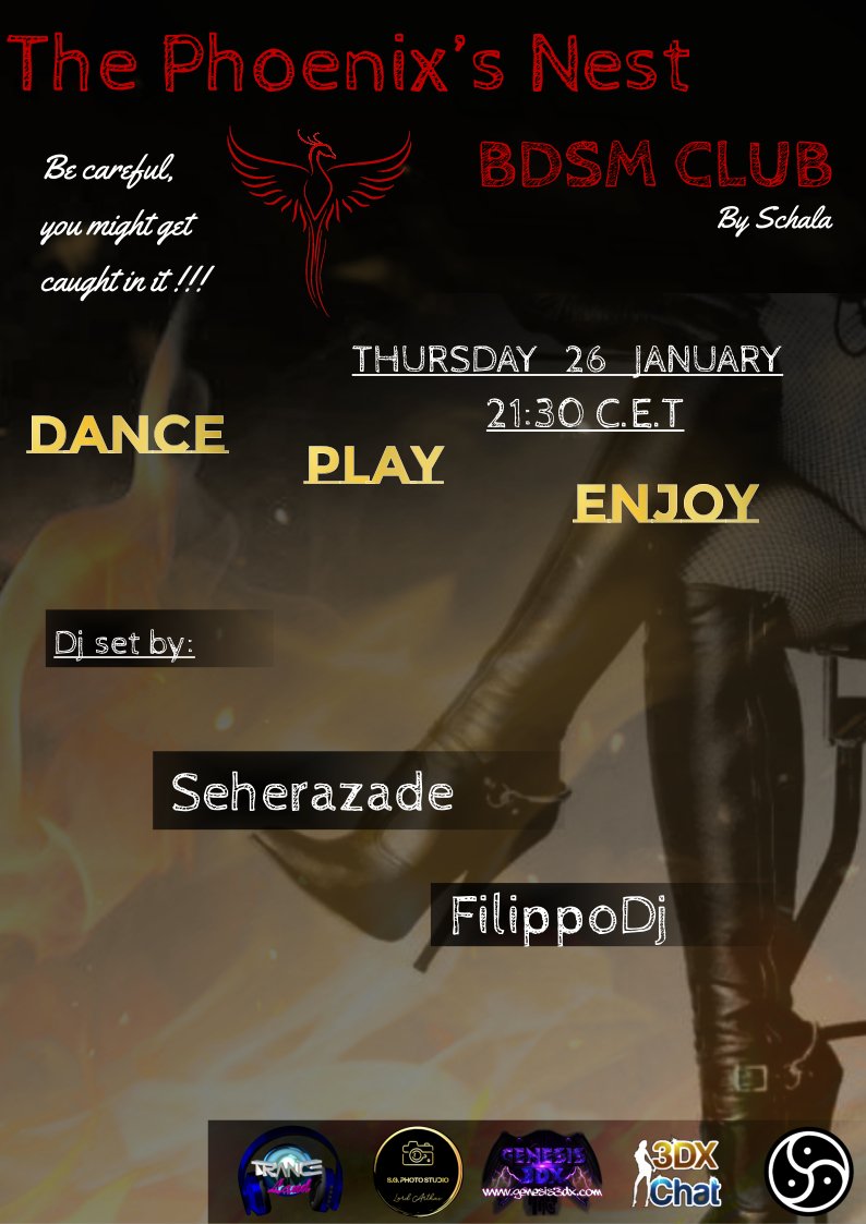 Our partner @MissSchalaJ with The Phoenix's Nest is opening, as usual, this Thursday at 9:30 pm CET.

We are waiting for you and all your friends.

<a href="/3dxchat/">3DXChat</a> #bdsmclub #djing