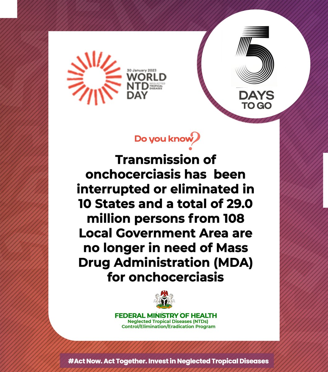 NTDnigeria (@ntdnigeria) on Twitter photo The neglected tropical diseases (NTD) program, in collaboration with WHO and other development partners, will commemorate the 4th edition of the world NTD day on January 30th, 2023, with the theme "Act Now, Act Together, Invest in Neglected Tropical Disease." The neglected tropical diseases (NTD) program, in collaboration with WHO and other development partners, will commemorate the 4th edition of the world NTD day on January 30th, 2023, with the theme "Act Now, Act Together, Invest in Neglected Tropical Disease."