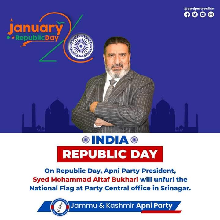 Sheetal10482300's tweet image. On Republic day, Apni Party President, Syed Mohammad Altaf Bukhari will unfurl the national flag at the Party Central office in Srinagar.
@AltafBukhari01 #jkap #apnipartyonline #ApniParty #republicday2023 #india #indianrepublicday #26January #26january2023 #republicdayindia