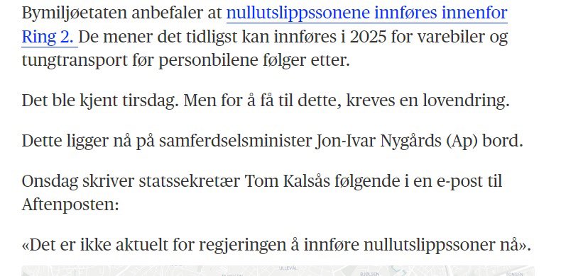 Hæ??? «Det er ikke aktuelt å innføre nullutslippssoner nå?». En ting er at regjeringa ikke lykkes i sin egen klimapolitikk, men hvorfor stiller de seg aktivt i veien for en av de få kommunene som lykkes i å kutte utslipp? Hva skjer, @jonasgahrstore ?