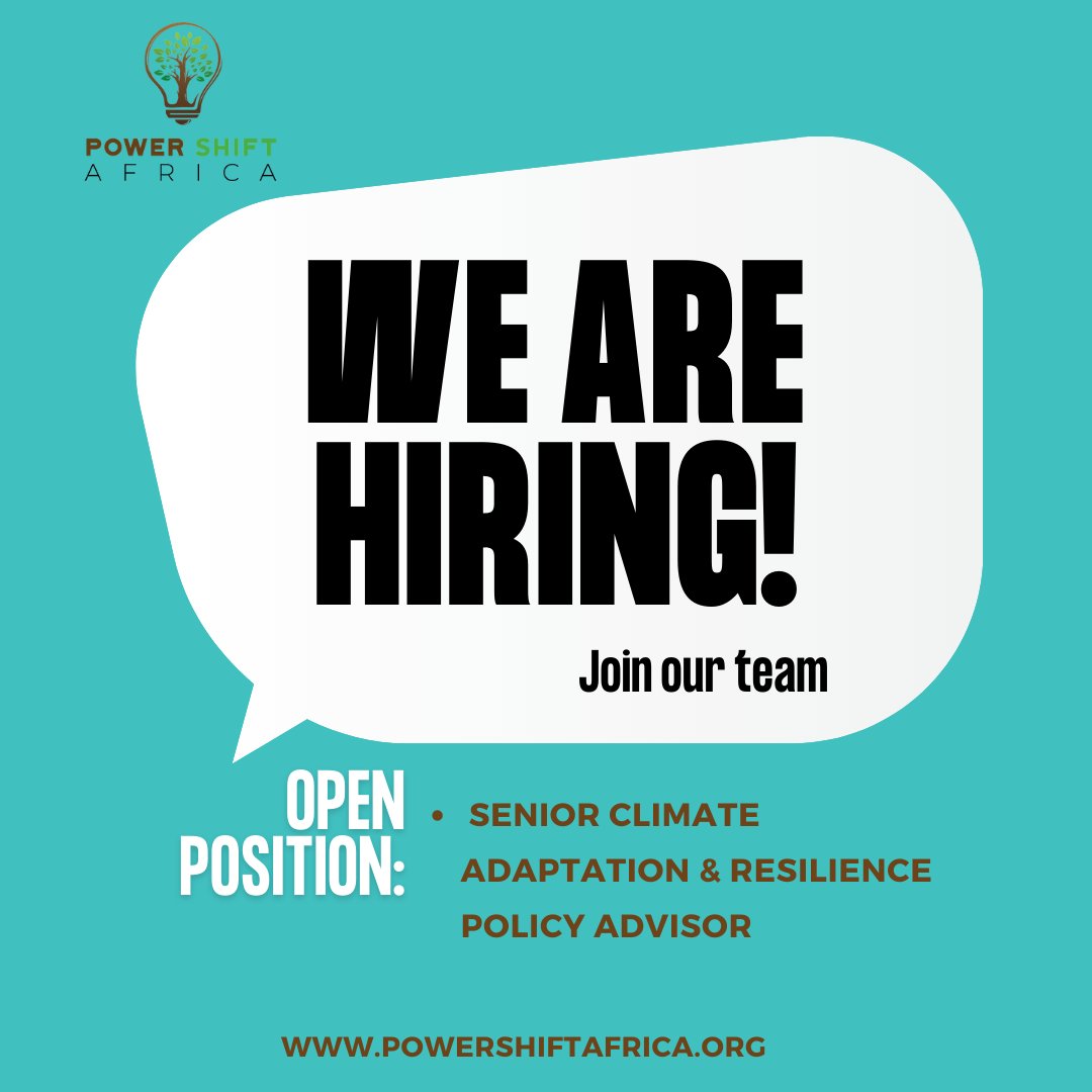 PowerShftAfrica's tweet photo. We're #hiring!

@PowerShftAfrica is seeking a passionate &amp; qualified Senior Climate Adaptation &amp; Resilience Advisor to coordinate our engagement with partners and elevate #ClimateAdaptation in regional and international spaces.
Apply here by 1st February👉 https://t.co/S1crOuxNRl https://t.co/I2kOUvvtbd