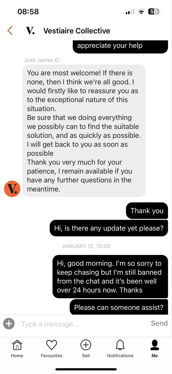 MrsMichelleC1's tweet photo. @vestiaireco The chat started on 11th Jan with Jose James D - and the issue still hasn’t been resolved https://t.co/4PMqvpg2cl
