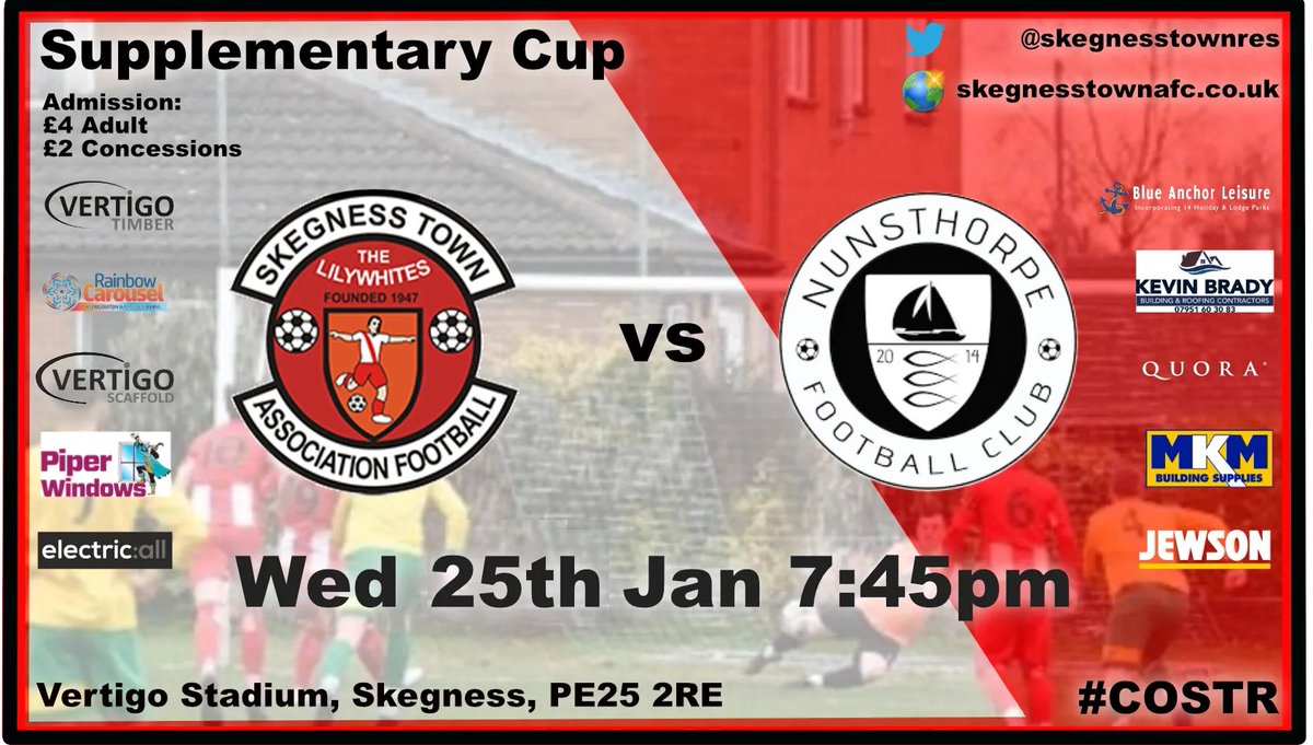 It's #GameDay in the Supplementary Cup, postponed from last week
⚽️ <a href="/NunsthorpeFC/">Nunsthorpe Football Club ✌︎</a>
🏟️ Vertigo Stadium, Skegness, PE25 2RE
🏆 Supplementary Cup
📅 Wed 25 Jan
⏰ 7:45pm
💷 £4/£2 

Come show support for local football
#COSTR 🔴⚪️ 
<a href="/SkegnessBuzz/">Skegness Buzz</a> <a href="/SkegStandard/">Skegness Standard</a> <a href="/lincsleague/">Lincs League</a>