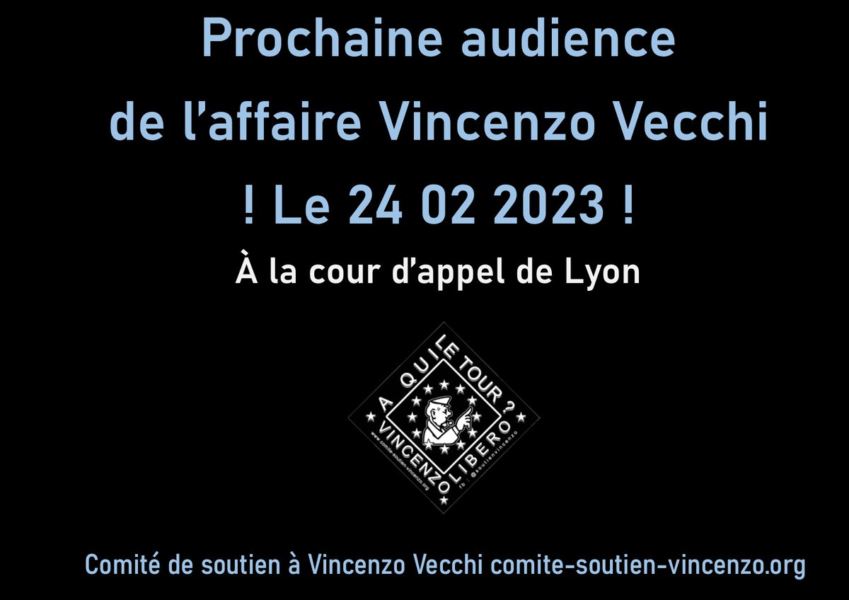 Soutien à Vincenzo Vecchi (@soutienvincenzo) on Twitter photo Les cours d’appel de Rennes et d’Angers ont refusé l’application du mandat d’arrêt européen, émis par l’Italie.Celle de #Lyon va-t-elle remettre Vincenzo à l’Italie, ou bien va-t-elle s’honorer en mettant fin à cet invraisemblable acharnement judiciaire ?
#MAE #Droitsfondamentaux Les cours d’appel de Rennes et d’Angers ont refusé l’application du mandat d’arrêt européen, émis par l’Italie.Celle de #Lyon va-t-elle remettre Vincenzo à l’Italie, ou bien va-t-elle s’honorer en mettant fin à cet invraisemblable acharnement judiciaire ?
#MAE #Droitsfondamentaux