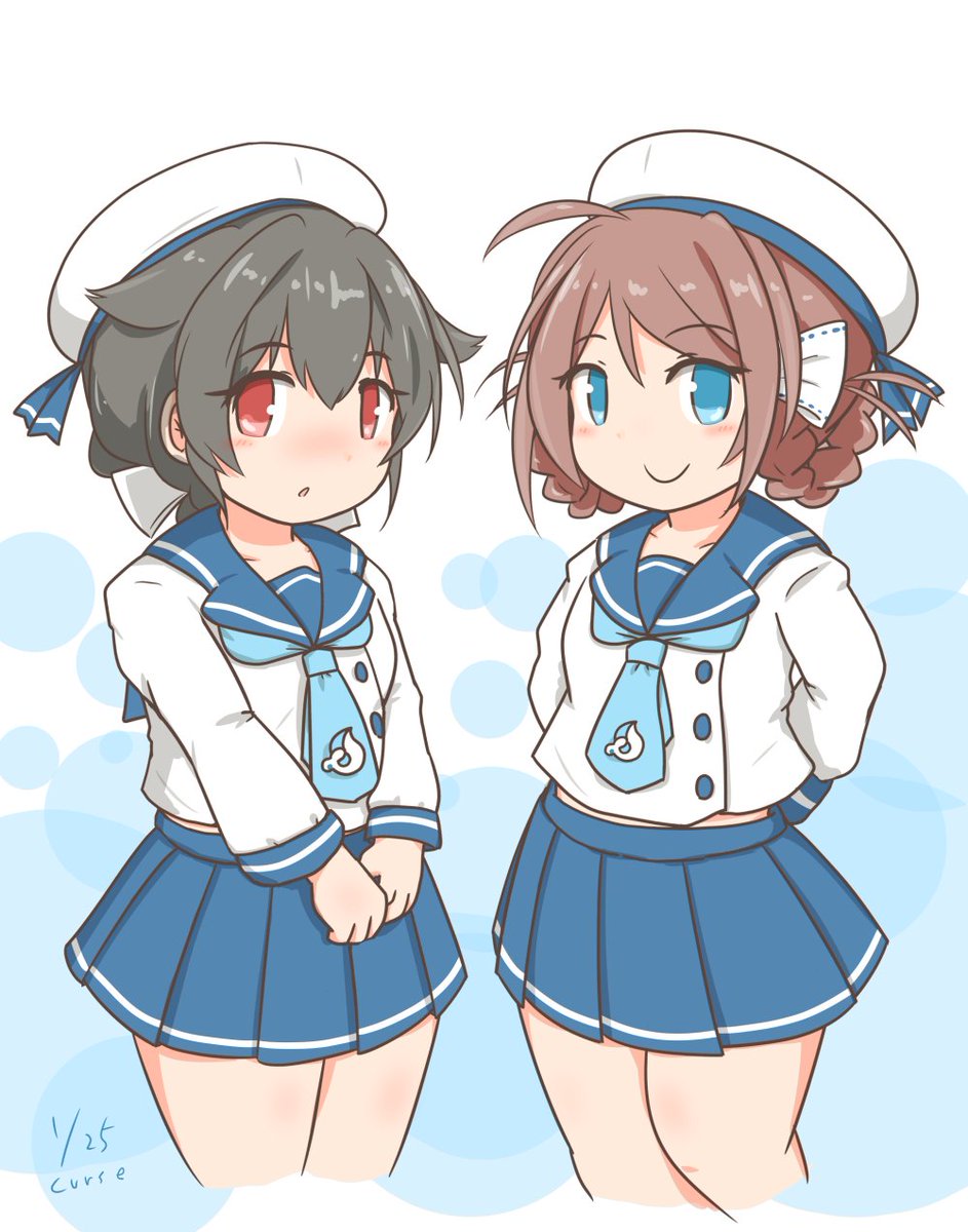 etorofu (kancolle) ,jingei (kancolle) multiple girls blue skirt 2girls skirt cosplay school uniform red eyes  illustration images