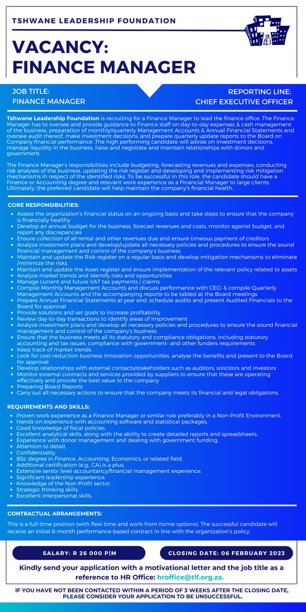VACANCY: Finance Manager | Kindly send your application with a motivational letter and the job title as a reference to HR Office: hroffice@tlf.org.za.