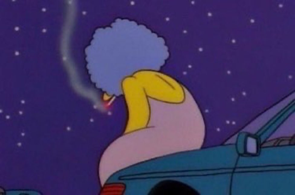 reactions on Twitter "patty selma the simpsons sitting on car hood at