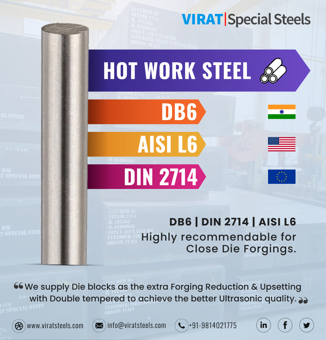 ViratSplSteels's tweet photo. Looking to #hotworksteel?
Special Steels used for #forging?
HOT WORK STEEL [ #DB6 (India) | #DIN2714(Europe) | #AISIL6 (USA) ]
Highly recommendable for #CloseDieForgings due to its characteristics of high wear-resistance ...
https://t.co/Lunmr7kHVy
Ask +91 98140 21775 https://t.co/7VS5zndlh0