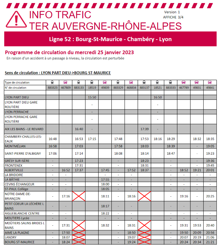 assoARDSL's tweet photo. Tous les trains @SNCFTERAURA entre @Albertville_fr et @bourgstmaurice sont remplacés par des cars mercredi 25 janvier, après l'accident survenu à #Cevin entre un car et un train. Tous les trains circulent normalement entre #Albertville et @VilledeChambery 
➡️ Horaires sens impair https://t.co/oKUDnaSMdM