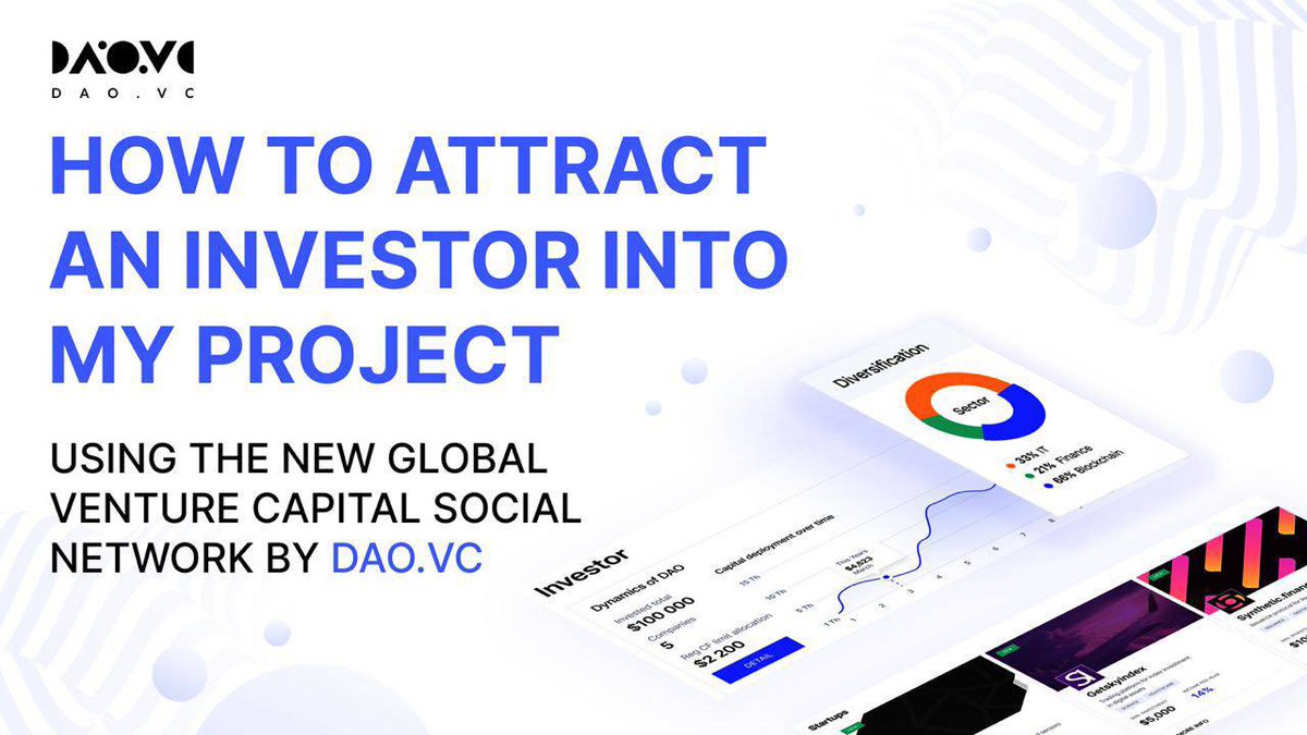 Raising funds for a startup is a challenging task, isn’t? 

As an ecosystem project with its own VC fund and incubator ourselves, we do know this pain.
Therefore, we took it into account while developing the Social Platform 👉🏽 t.me/DAOVC/36