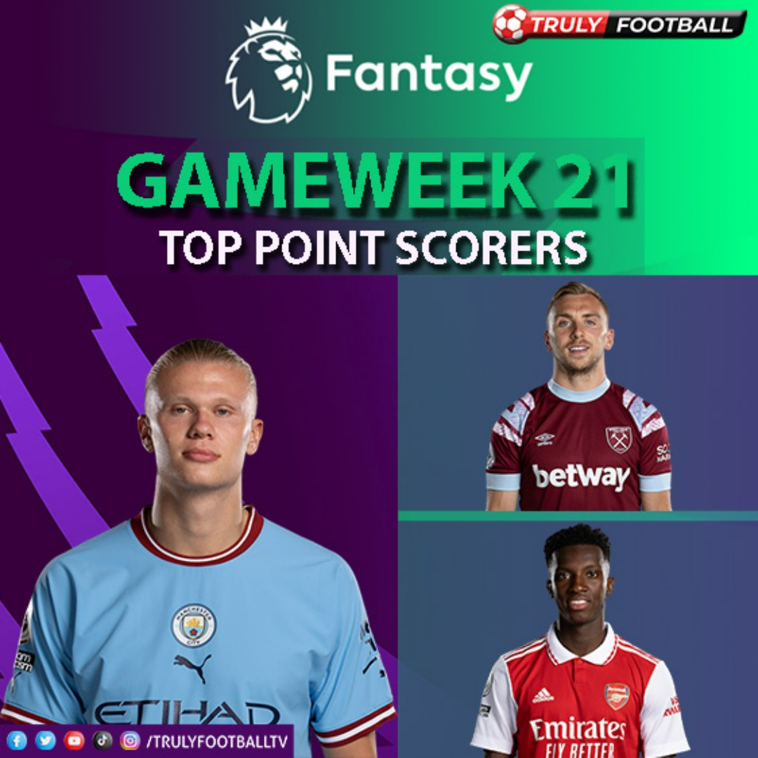 TrulyFootballTV's tweet photo. A high scoring #GW21 came to an end with multiple double-figure hauls. 

🥇Erling Haaland  17 pts
🥈Jared Bowen     16 pts
🥉Eddie Nketiah   13 pts

#FPLCommunity #PremierLeague https://t.co/GmmIyEqf4G