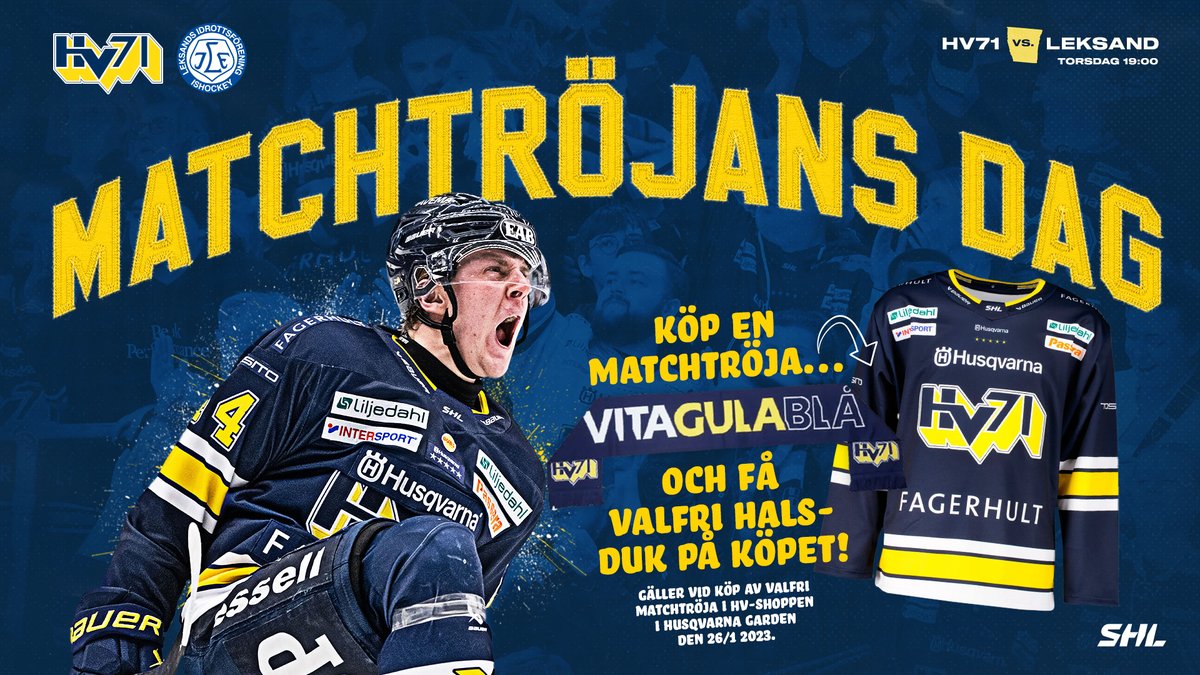 Ta på matchtröjan! På torsdag när vi möter Leksands IF är det matchtröjans dag i Husqvarna Garden!

Förutom att vi färgar arenan i våra färger har vi ett kanonerbjudande i HV-shoppen samt utlottning av tre försäsongströjor.

#HV71