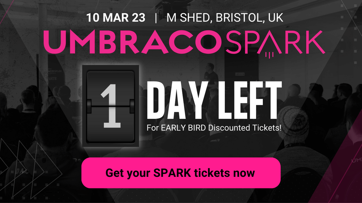 🎟️1 DAY LEFT! With talks already confirmed from <a href="/leekelleher/">Lee Kelleher</a> &amp; Luke Hooky <a href="/mozzydev/">Thomas Morris</a> @neilclark <a href="/lottepitcher/">Lotte Pitcher</a> <a href="/callumbwhyte/">Callum Whyte</a> <a href="/ravimotha/">Ravi Motha</a> @iOvergaard @lassefredslund and many more to come, grab your early bird ticket today umbracospark.com 🎟️

#umbraco #developer #innovation