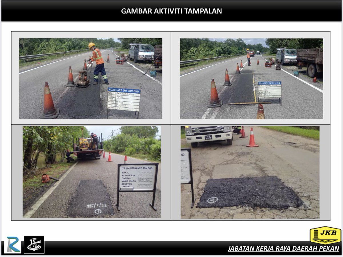 🚧 AKTIVITI TAMPALAN POTHOLE DI JALAN PERSEKUTUAN &amp; NEGERI BAGI DAERAH PEKAN, PAHANG DARUL MAKMUR 🚧

Kemaskini : 25 Januari 2023

<a href="/JKRPAHANG/">JKR PAHANG</a>