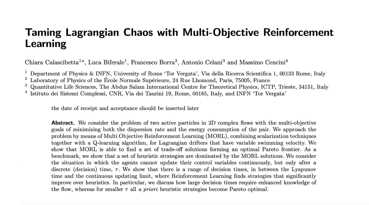fisicaunitov's tweet photo. 🎙 Fisica Tor Vergata & #articoli di #ricerca TIME 💻
#fluidynamics; #machinelearning; #chaoticdynamics: “Taming Lagrangian Chaos with Multi-Objective Reinforcement Learning”, IS ONLINE!
https://t.co/ceRa98ppud
#FisicaToV #research #work #lavoro #papers #computerscience https://t.co/AlVlR3iV57