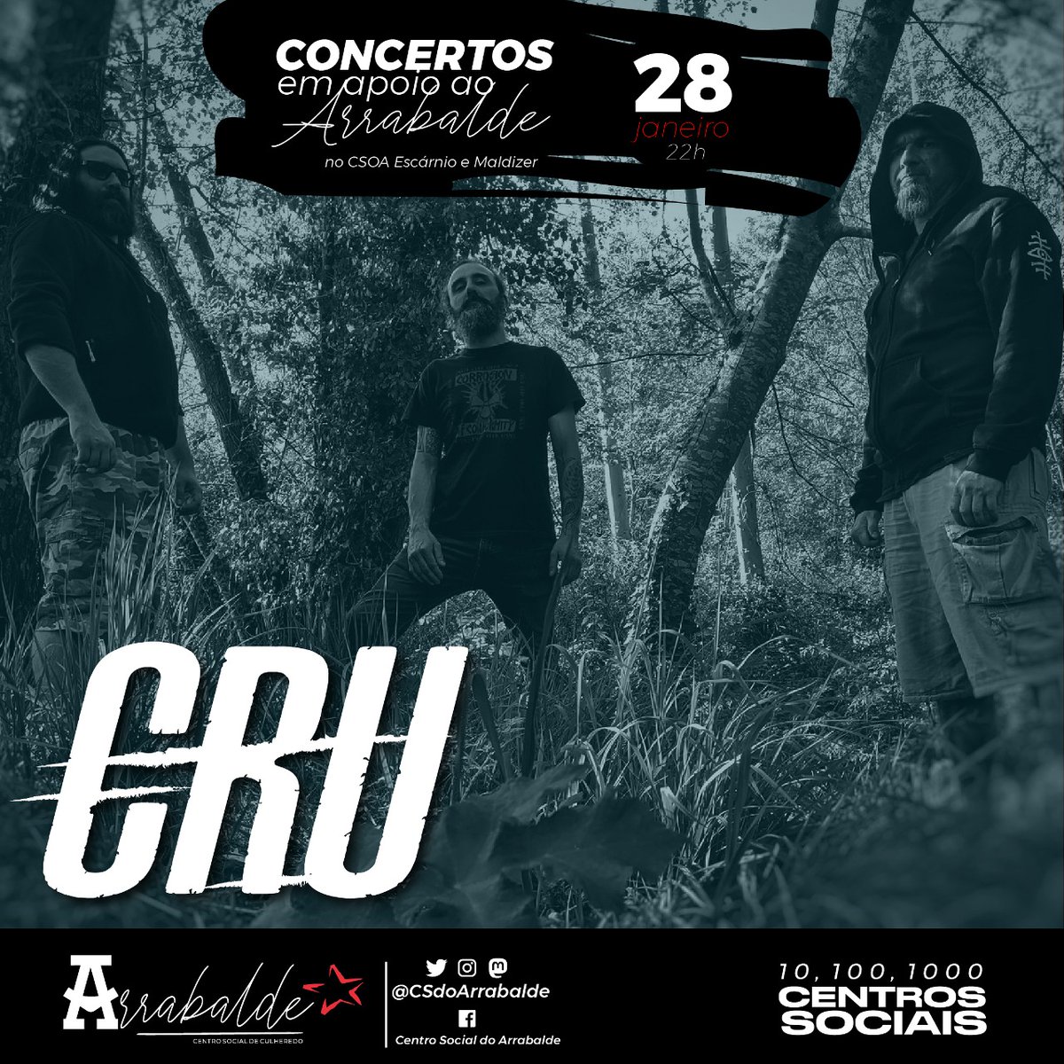 🎸CONCERTOS SOLIDÁRIOS

Este 28 de janeiro poderemos desfrutar de CRU no CSOA Escárnio e Maldizer de Compostela.

Apoia a um novo Centro Social! Partilha e difunde!