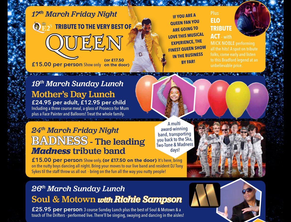 Get ready for March with these fantastic entertainment events!
Further details to follow but you can book your tickets now by calling us on 01274 735735.