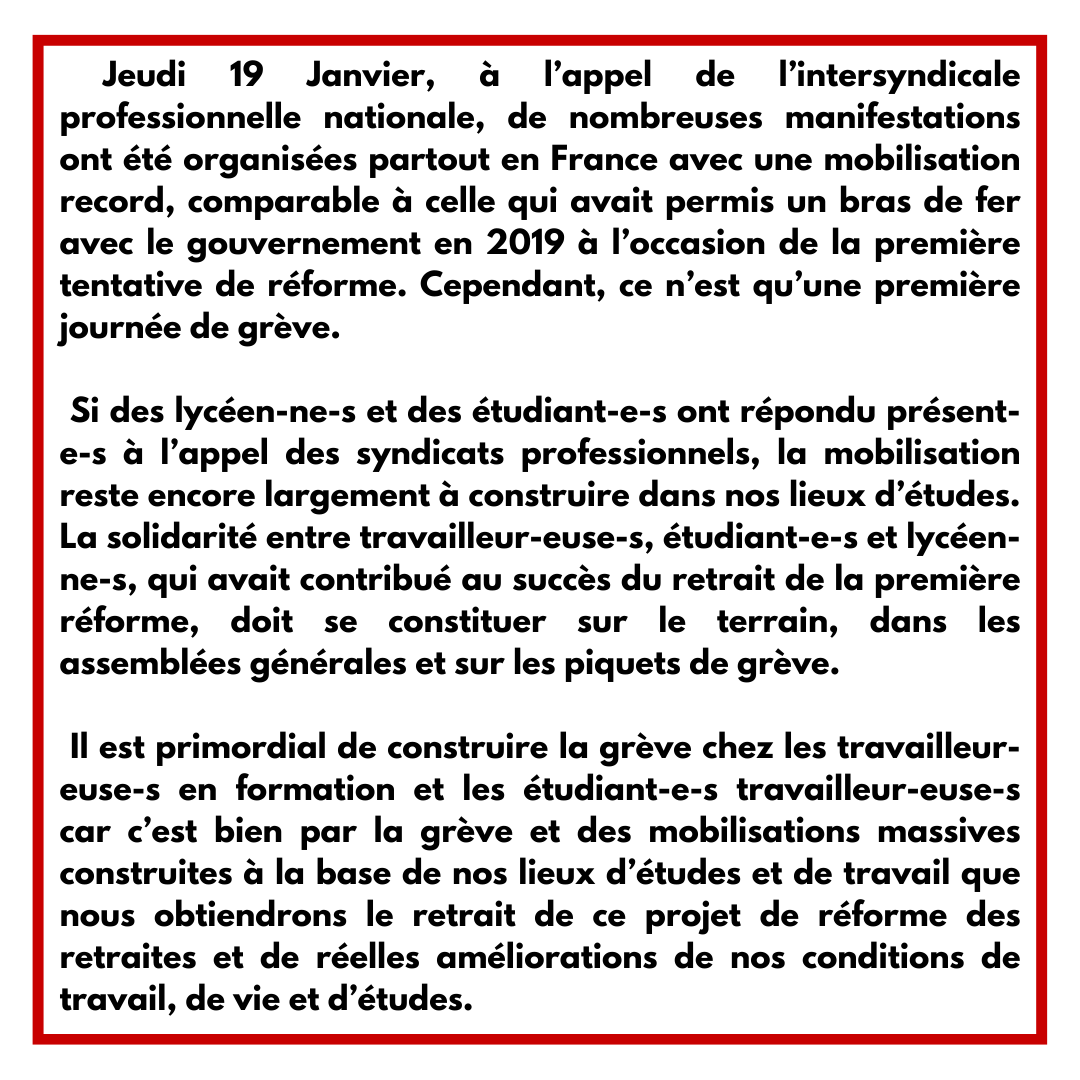 FSE_natio's tweet photo. "C'est pourquoi nos organisations appellent les étudiant-e-s, lycéen-ne-s et apprenti-e-s à rejoindre les piquets de grève, à organiser des Assemblées Générales et à mener des actions pour construire la grève du 31 janvier !" https://t.co/dO3GYK7YUh