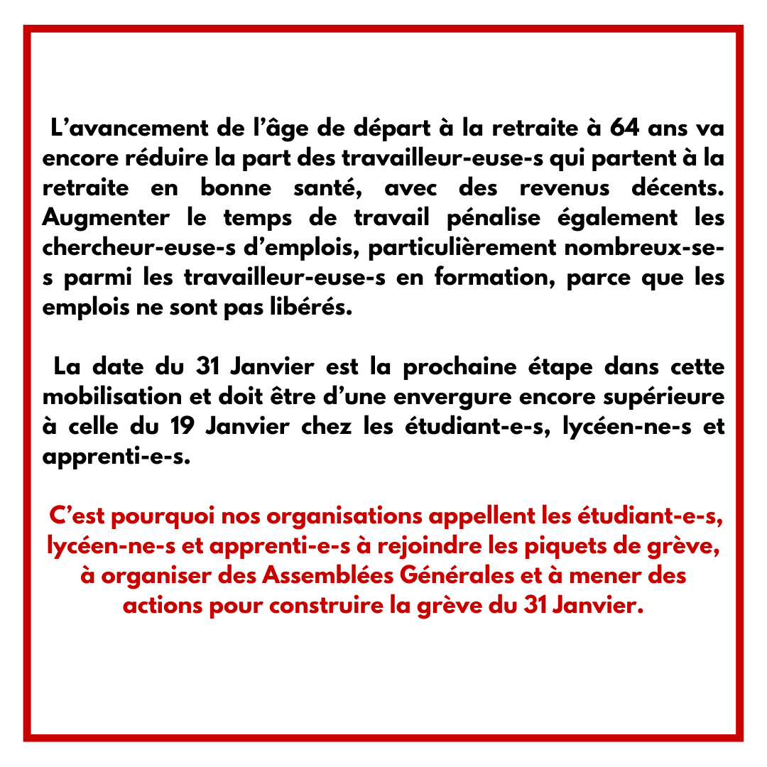 FSE_natio's tweet photo. "C'est pourquoi nos organisations appellent les étudiant-e-s, lycéen-ne-s et apprenti-e-s à rejoindre les piquets de grève, à organiser des Assemblées Générales et à mener des actions pour construire la grève du 31 janvier !" https://t.co/dO3GYK7YUh