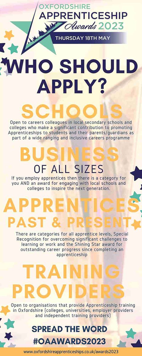 OAAwards's tweet photo. There are 12 categories in the Oxfordshire Apprenticeship Awards - there is a category for everyone. 
If you know an apprentice, employ an apprentice, provide training or champion them within your school or college - there is a category for you. 
#OOAwards2023 #apprenticeships https://t.co/HAgiRNMcYA