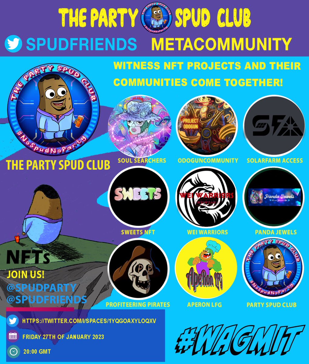 ClaireB1207's tweet photo. Join @SpudParty for another line up with amazing projects @SoulSearch3rs @odogun_nft @ProfiteeringP @SolarFarmAccess @Sweets_NFT @pandajewel_nft @chingpangwei 

https://t.co/R7t1HQ09B2 https://t.co/IuotgyzY88