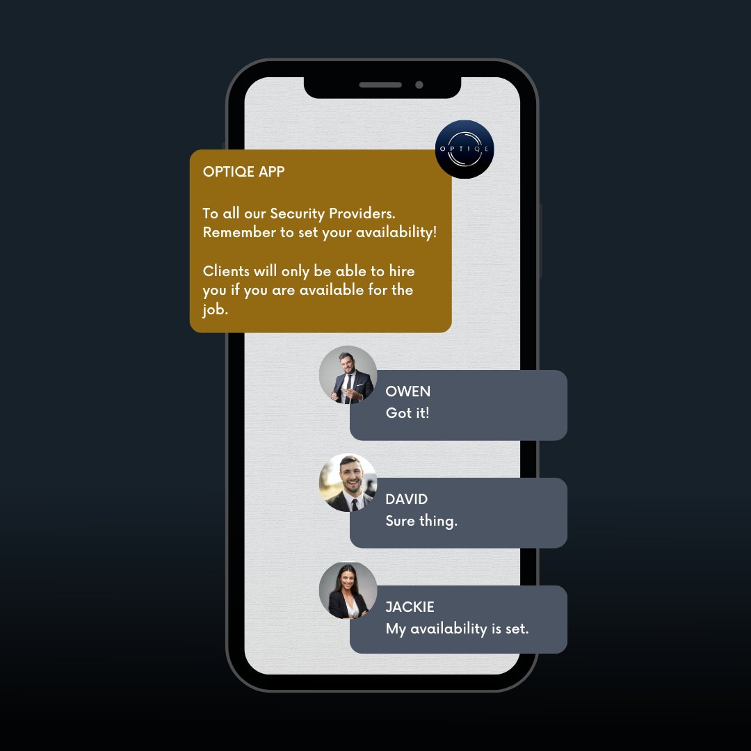 OptiqeApp's tweet photo. A reminder for our Security Providers. Remember to set your availability! 😉

Clients will only be able to hire you if you are available for the job. 🤝

#closeprotection #personalprotection #personalsecurity #london #mayfair https://t.co/OL4jOmi1xx