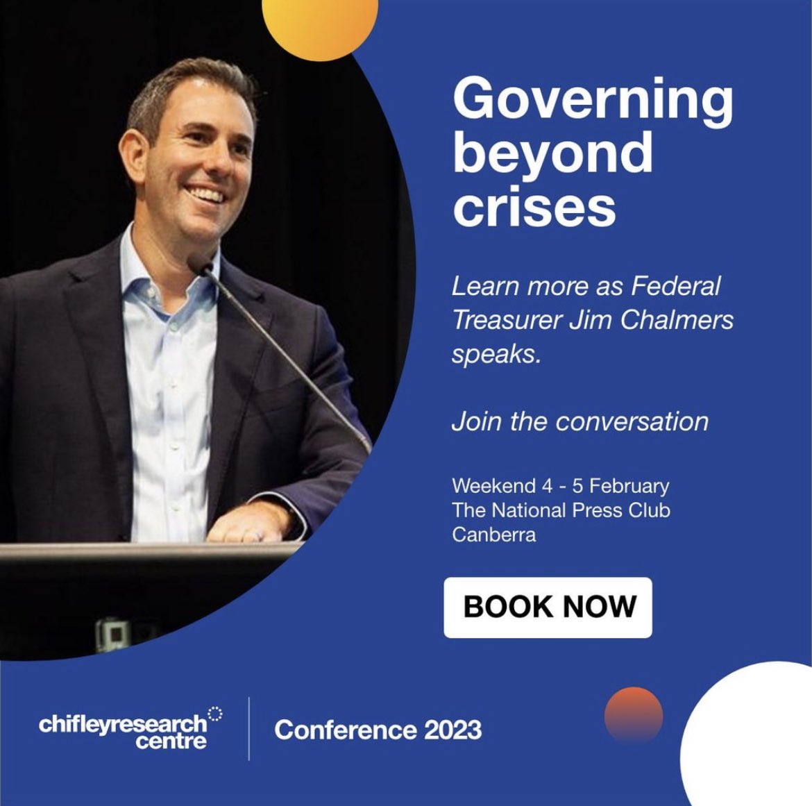 Chifley Research (@chifleyresearch) on Twitter photo Sometimes you could be forgiven for thinking governing is solely about crisis management. Is there more to it? Can we do things differently? <a href="/JEChalmers/">Jim Chalmers MP</a> thinks so. Come hear why at #ChifleyConference2023 - NPC, Canberra, weekend of 4-5 February.
#auspol
chifley.org.au/events/2023-ch… Sometimes you could be forgiven for thinking governing is solely about crisis management. Is there more to it? Can we do things differently? <a href="/JEChalmers/">Jim Chalmers MP</a> thinks so. Come hear why at #ChifleyConference2023 - NPC, Canberra, weekend of 4-5 February.
#auspol
chifley.org.au/events/2023-ch…
