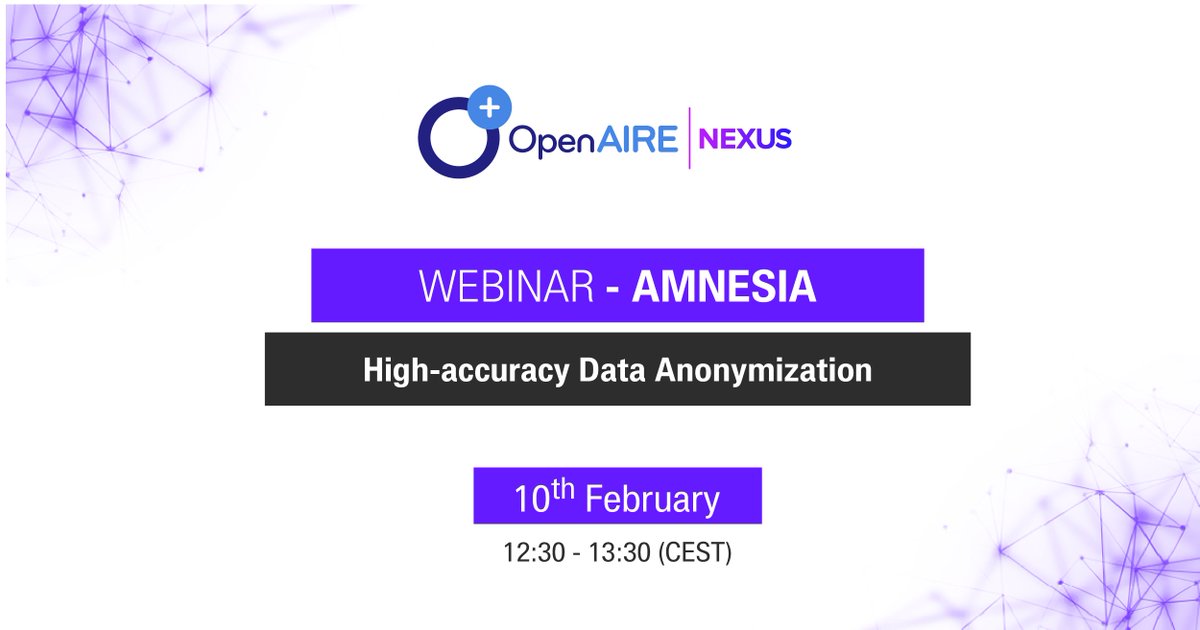 OpenAIRE_eu's tweet photo. 📢Are you a #researcher? Need some guidance on how to deal with sensitive data? This webinar is for you 😀 Get to know what is AMNESIA tool and how to use it!
AMNESIA: High-accuracy Data Anonymization 🗓️ 10th feb. ⏰12H30 CET 👉 Register here 🔗https://t.co/IScYy1OYji https://t.co/vt7YzYGZII