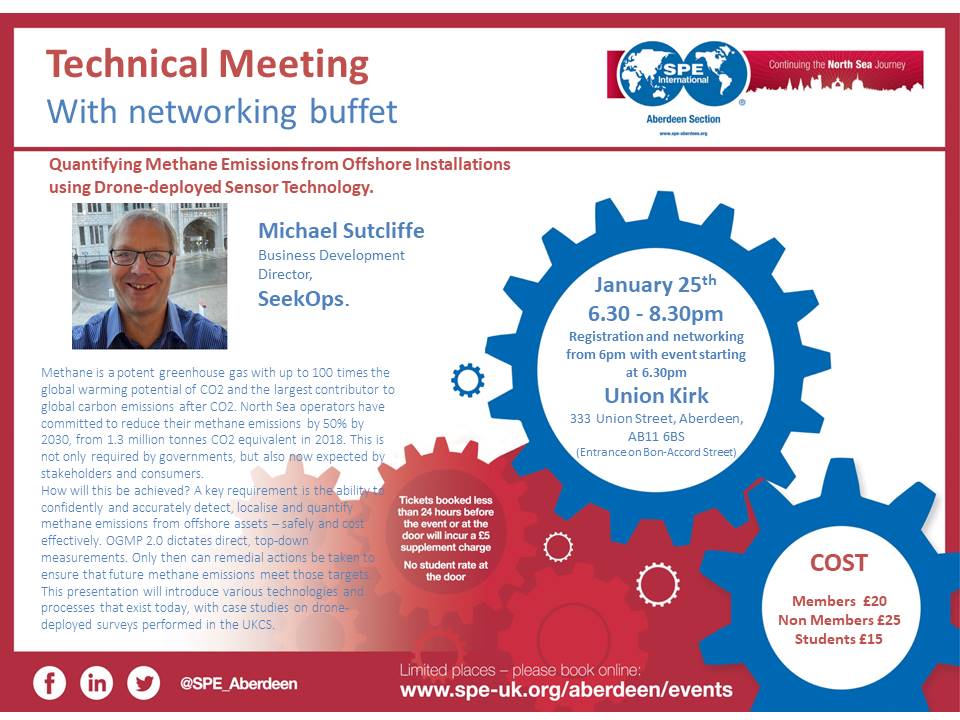 Last chance to join us tonight at Union Kirk for our first Evening Technical Meeting of 2023. ‘Quantifying Methane Emissions from Offshore Installations using Drone-deployed Sensor Technology' with Michael Sutcliffe, Business Development Director, SeekOps Inc.