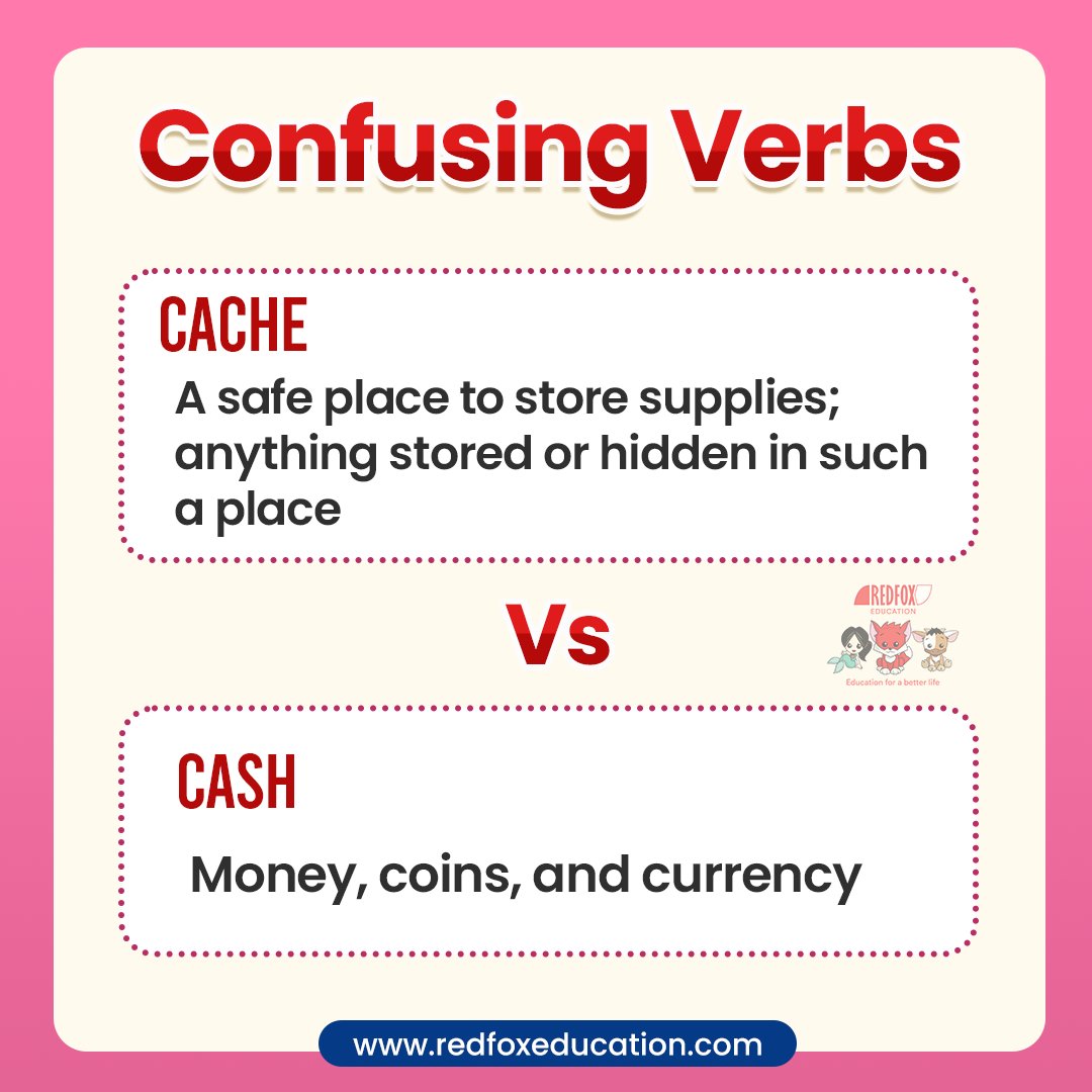 RedFox_EdTech's tweet image. CONFUSING VERBS!

Cache or Cash: What&apos;s the difference?🤔

Download REDFOXEDUCATION mobile app :
GooglePlay:bit.ly/31lO56z​
AppStore:apple.co/39UxPwl

#Confusingverbs #verbs #englishverb #Englishverbs #confusingwords #ielts #vocab #learnenglish #RedFoxEducation